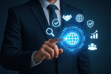 Person interacting with a digital interface displaying global business icons.
