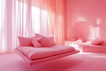 a pink room with a swing bed and a window