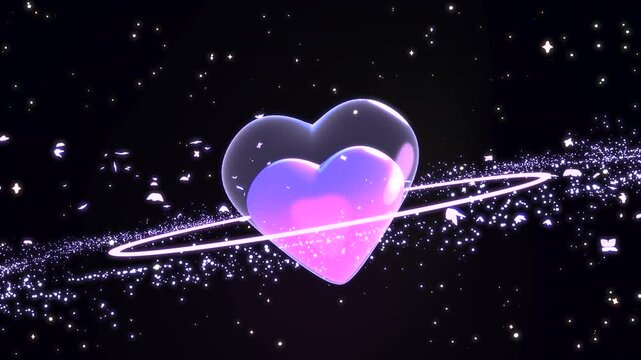 Looped glowing butterflies flying around heart planet in the galaxy animation.