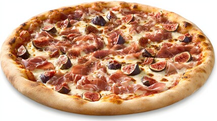 Round pizza topped with figs, prosciutto, and mozzarella.