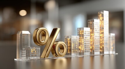 Modern financial growth and investment concept with golden percentage symbol and rising bar chart skyline.