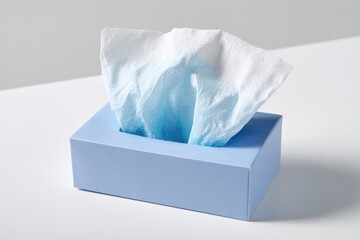 Stack of facial tissues partially pulled from box on white