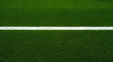 Thick horizontal white painted line is running across green grass turf in flat vector illustration, a well-maintained green grass field with a thick white line running horizontally across the center.