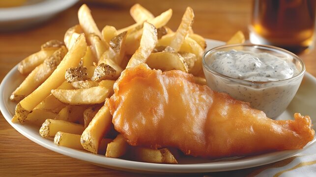 Crispy fish and chips dish with a creamy dipping sauce.