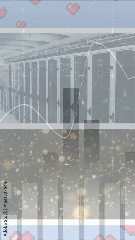 Poster animation of graphs and data processing over colourful clips playing on composite screens