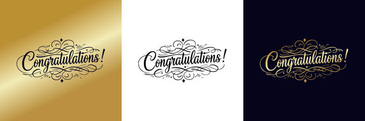 "Congratulations!" isolated vector image elegant greeting card lettering, t-shirt print three versions - on gold, transparent and colored backgrounds