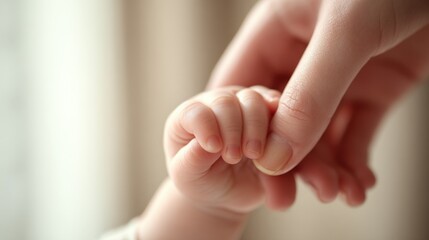 Close-up of adult hand holding baby's tiny hand with gentle grip and tenderness.
