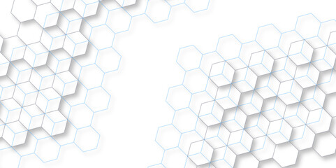 Abstract seamless pattern with blue and white waves. Abstract hexagonal grid background with 3D cubes and blue outlines. Abstract Blue Hexagon Pattern on White Background. Minimalist hexagonal grid.