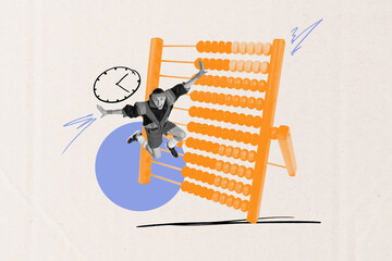 Zine banner full photo collage of happy businessman jump abacus calculator time expire limit money...