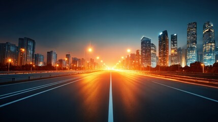 Modern urban cityscape with illuminated skyscrapers and bustling streets at dusk.