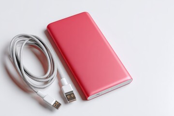 Portable power bank and cables laid flat on white
