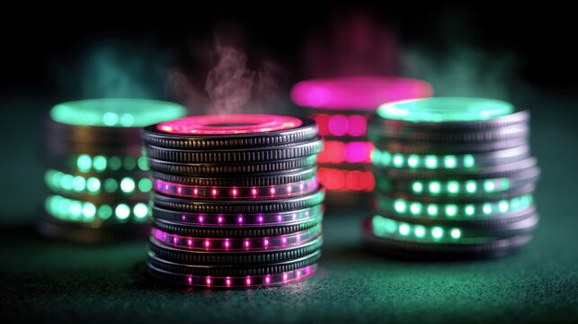 Colorful Illuminated Casino Chips Stacks Close-Up with Neon Lights and Smoke.