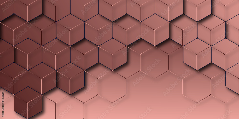 Poster rose gold 3d hexagon background. elegant abstract geometric pattern with isometric cubes and gradien
