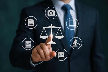 A man's finger touches a graphic representation of legal concepts.