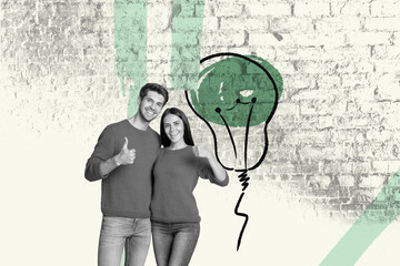 Sketch pop image sketch full collage of happy businessman businesswoman stand light bulb idea...