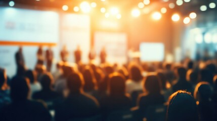 Large Crowd of Audience Attending Conference or Seminar in Bright Modern Venue.