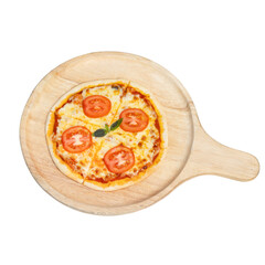 Pizza on Wooden Platter: A delicious, freshly baked pizza rests invitingly on a rustic wooden platter. Featuring tomato slices and fragrant basil leaves, offering a culinary delight.
