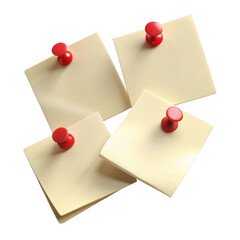 Four sticky notes with red push pins isolated on transparent background