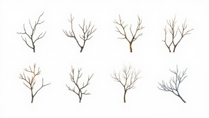  Eight Bare Tree Branches Silhouettes on White. This image features eight different silhouettes of bare tree branches or small trees isolated on a clean, white background. The branches vary in shape
