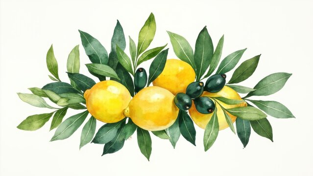  Watercolor Lemons, Olives, and Leaves Arrangement. A charming watercolor illustration features a cluster of bright yellow lemons, deep green olives, and lush green leaves arranged decoratively. 