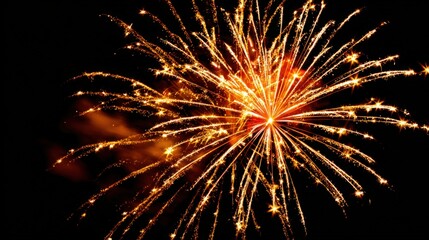 Bright golden fireworks exploding in the night sky with sparkling illumination.