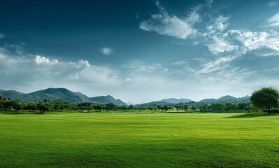 Naklejka premium Beautiful green grass field landscape with a blue sky and sunlight, a golf course in the background. 