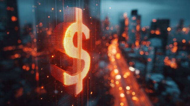 Digital dollar symbol glowing over cityscape at night representing finance and technology. - Powered by Adobe