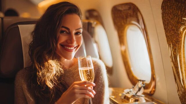 Luxury flight with champagne in first class
