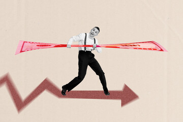 Full 3d poster art collage of happy businessman stand arrow progress pointer hold dollar banknote...