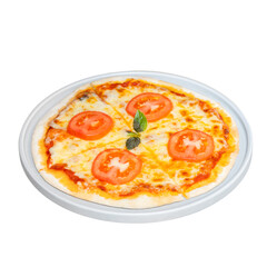 Cheese Pizza on Plate: A delicious cheese pizza, garnished with fresh tomato slices and basil, sits on a plate, ready to be enjoyed.