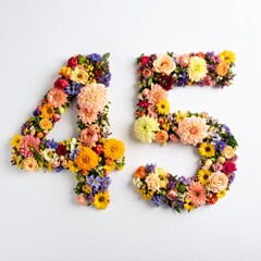 Number 45 made out of flowers with solid white background. Photo for 45th birthday or anniversary party