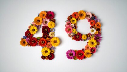 Number 49 made out of flowers with solid white background. Photo for 49th birthday or anniversary party