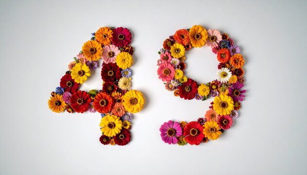 Number 49 made out of flowers with solid white background. Photo for 49th birthday or anniversary party