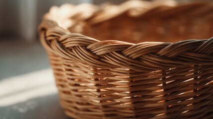 Fototapeta premium Close-up of a woven wicker basket with detailed craftsmanship and natural texture.