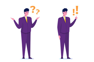 Problem solving concept. Man thinking about problem with question mark. Vector illustration.