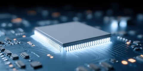 Close-up of a central processing unit CPU on a blue printed circuit board with glowing components.