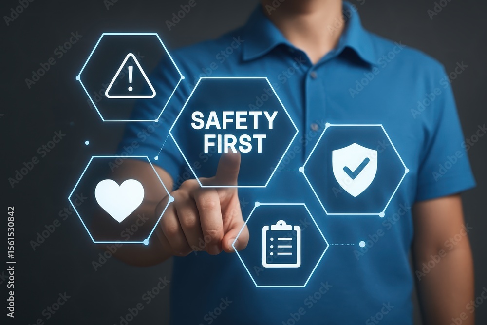 Poster a person interacting with a digital interface displaying safety instructions.