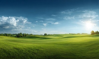Obraz premium Beautiful green grass field landscape with a blue sky and sunlight, a golf course in the background. 
