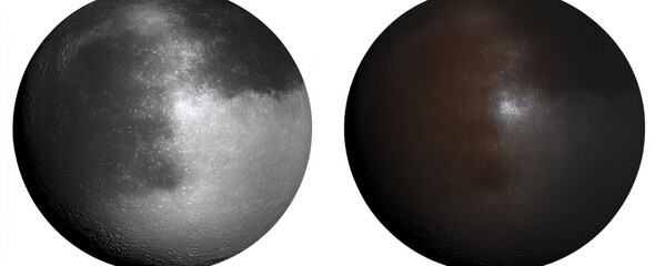 Two celestial bodies, grayscale and dark-toned, possibly moons