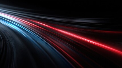 Abstract light trails with red blue white streaks in motion on dark background.