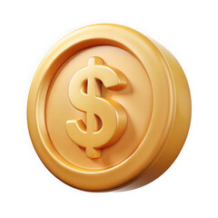 Golden dollar coin with raised symbol isolated on transparent background