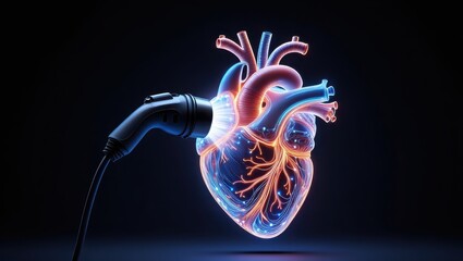 Glowing Human Heart Powered by Electric Vehicle Charging Cable Concept