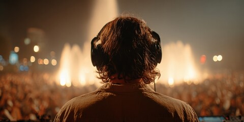 Person with curly hair attending a vibrant outdoor concert with bright stage lights.