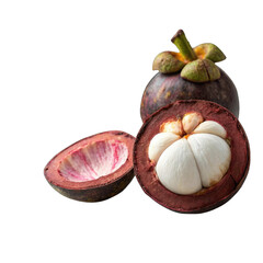 Fototapeta premium Whole and halved mangosteen fruits showing white segments isolated on transparent background