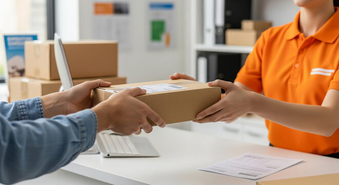 Female Customer Handing Over a Parcel to a Courier at a Shipping Counter