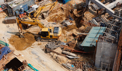Construction site with excavators and building materials in ba na hills, Da nang, Vietnam