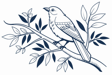 Artistic illustration of a bird resting on a leafy branch