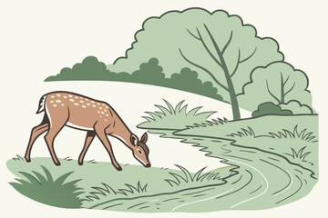 Simple illustration of a deer peacefully grazing by a flowing river