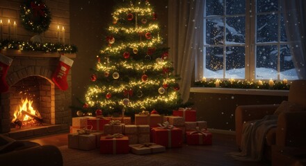 Cozy Christmas Eve Fireplace, Tree, and Gifts