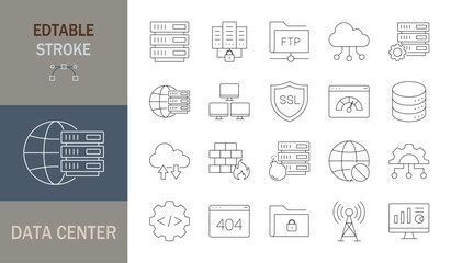 data center icon set. Editable line icons. Vector illustration.